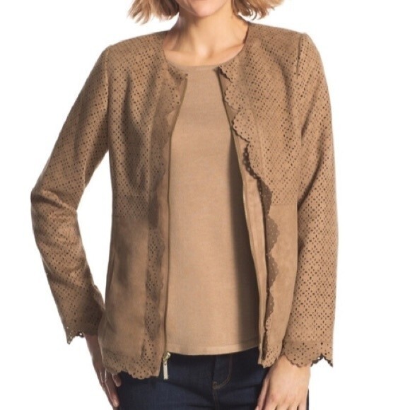 Chicos Faux Suede Perforated Laser Cut Zip Front Long Sleeve Camel Tan Jacket S - Picture 2 of 16